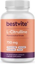 BESTVITE L-Citrulline 750mg par gélule (120 capsules végétariennes) - Pas de stéarate - Pas de silice - Pas de remplissage - Non OGM - Sans gluten - Vegan