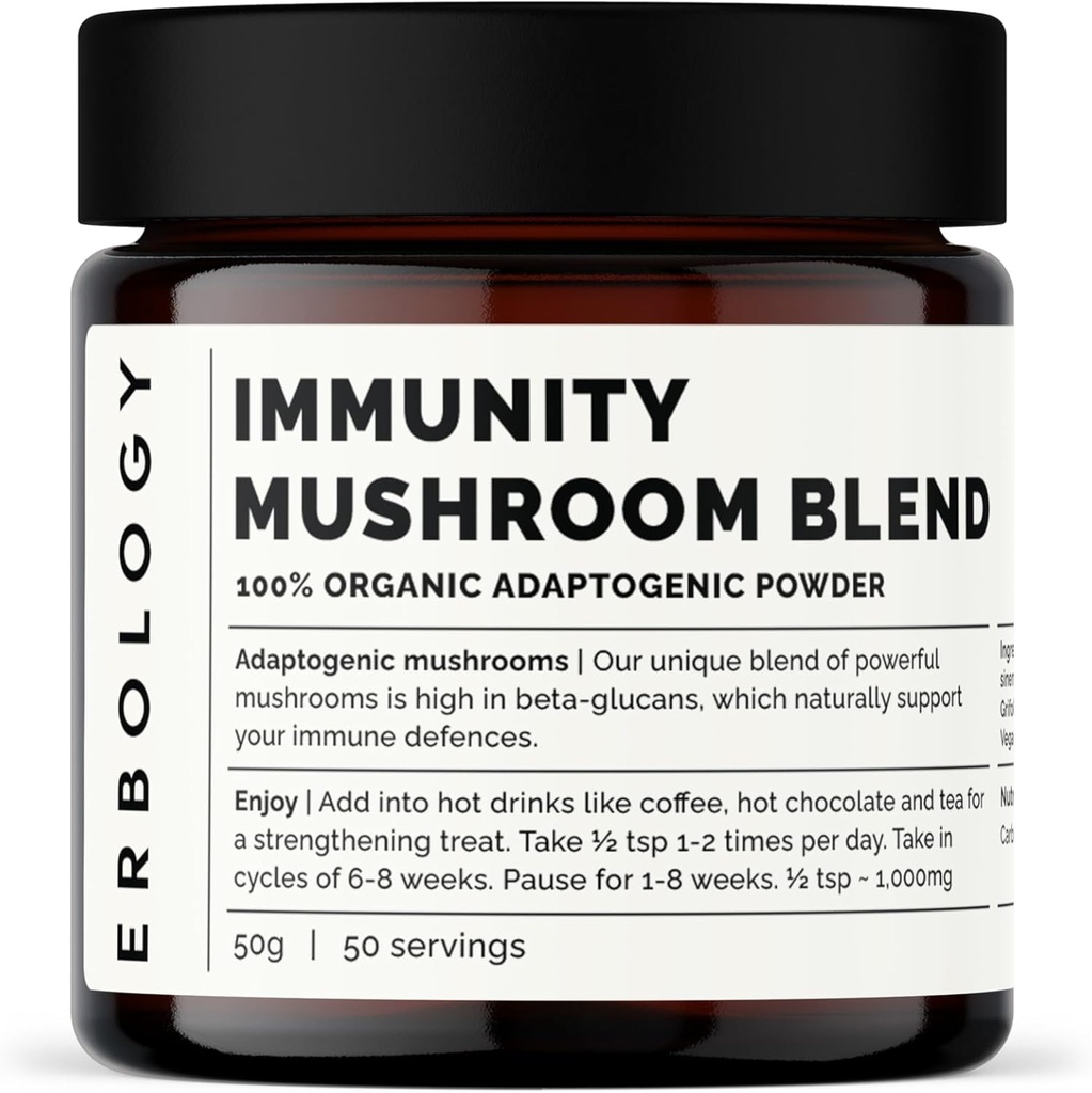 Erbologie Complexe de champignons d'immunité biologique 50 portions - Haute en bêta-glucanes - Reishi, Cordyceps, Lion's Mane, Turquie Tail - Sustainablement cultivé en Europe - Vegan - Non-OGM - Pas de remplissage ajouté
