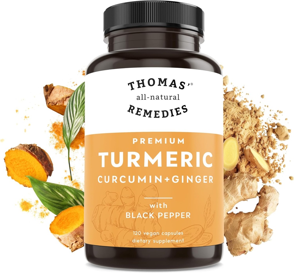 Thomas's all-natural Remedies Curcumine curcuma et gingembre avec poivre noir, complément de soutien à l'articulation curcuma biologique- 95% Curcuma - NO remplissages, Vegan - 120ct