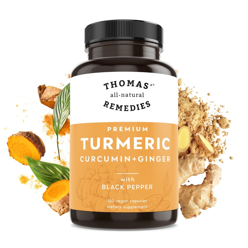 Thomas's all-natural Remedies Curcumine curcuma et gingembre avec poivre noir, complément de soutien à l'articulation curcuma biologique- 95% Curcuma - NO remplissages, Vegan - 120ct