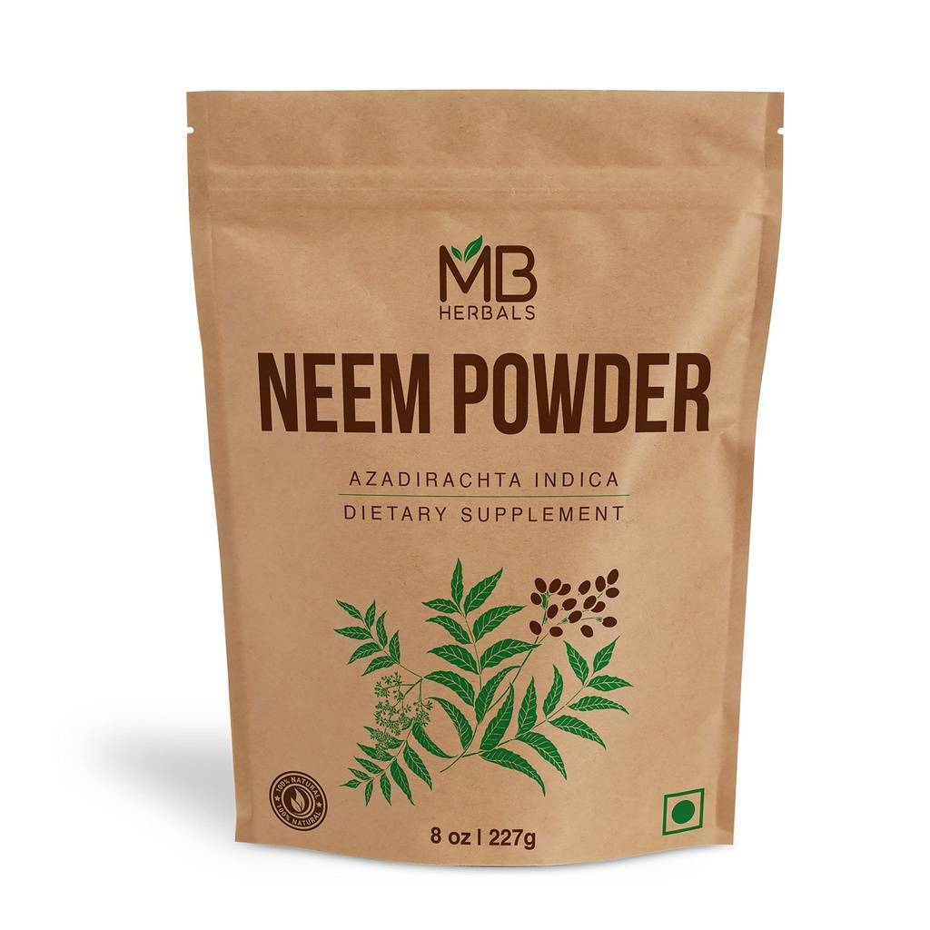 MB Herbals Poudre de Neem pur 8 oz. 227 Gram / 0,5 LB Poudre de Neem pur à crafts sauvages Supplément pour la peau et les cheveux.