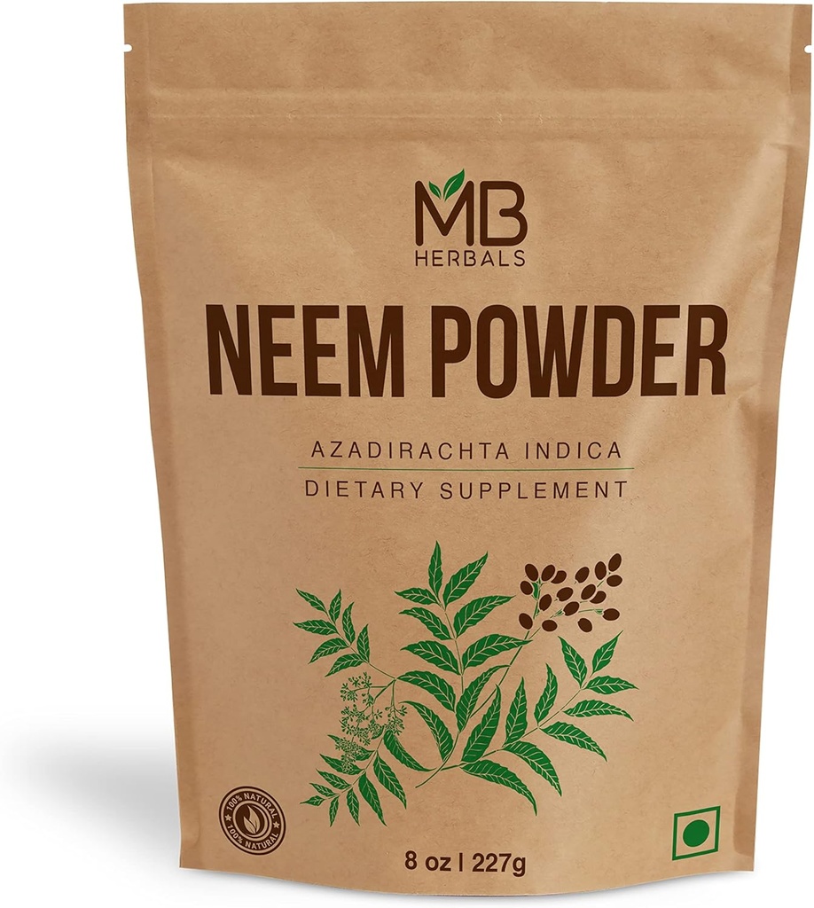 MB Herbals Poudre de Neem pur 8 oz. 227 Gram / 0,5 LB Poudre de Neem pur à crafts sauvages Supplément pour la peau et les cheveux.