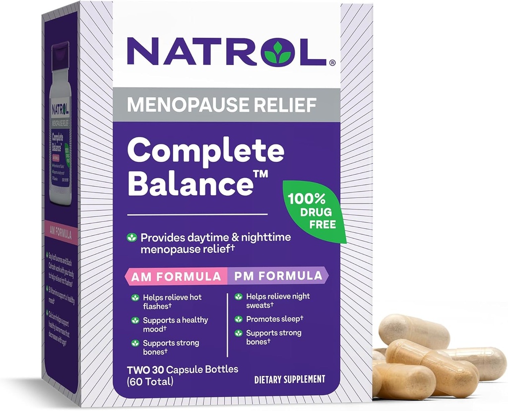 Natrol Complete Balance, Dietary Supplement for Menopause Relief, A.M./P.M. Menopause Relief for Women, 60 Capsules, Up to a 30 Day Supply