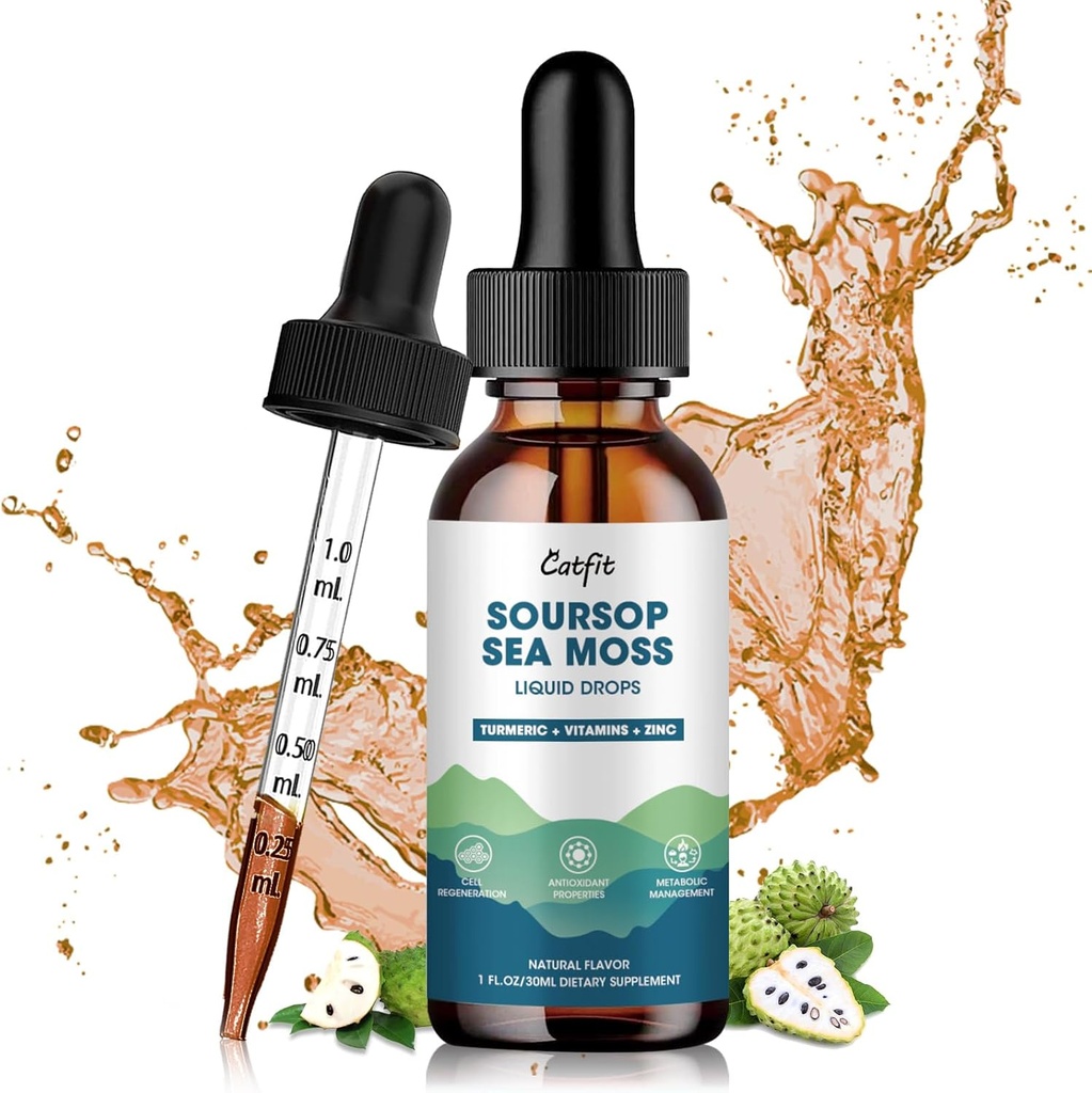 Soursop Graviola Liquid Drop, Soursop Leaves Extract with Sea Moss & Turmeric, Graviola Soursop Bitters Liquid for Cell Support & Regeneration, Foie, Relax, Immune and Antioxidant Support, 1 Fl Oz