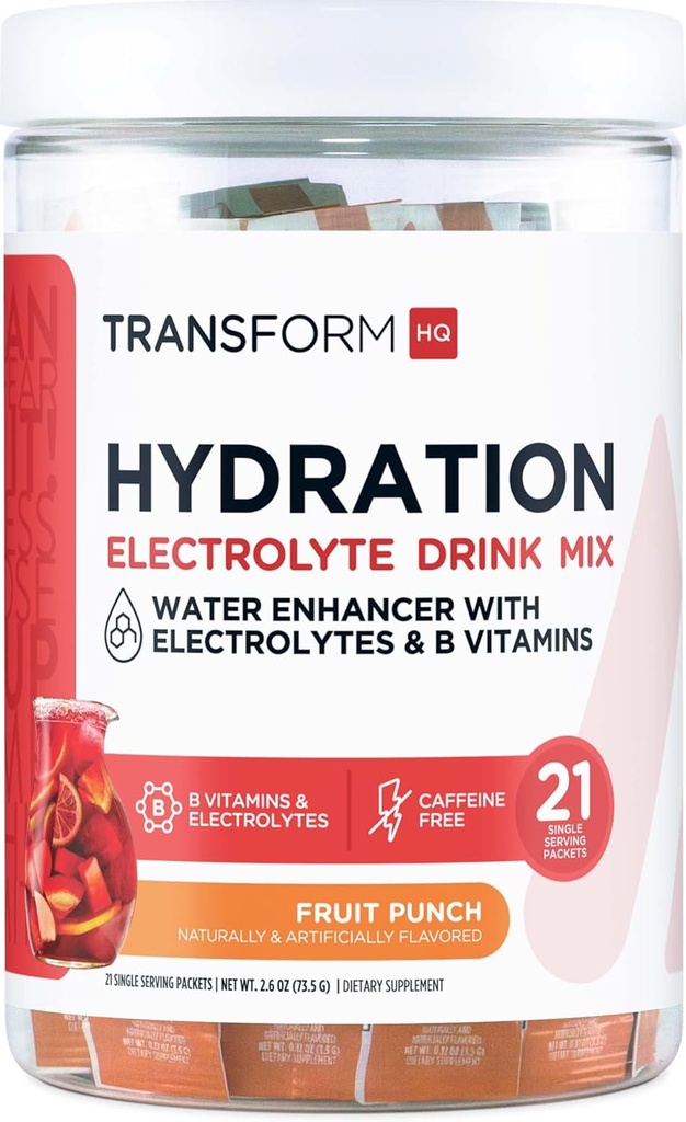 Transformer le mélange de boisson d'hydratation HQ (21 paquets à usage unique, punch de fruits) - Mélange de supplément d'hydratation avec des vitamines et des électrolytes