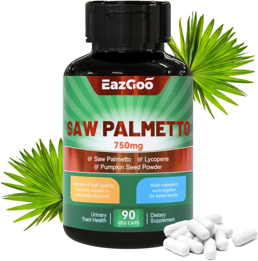 Saw Palmetto Supplément, Saw Palmetto Extract 750mg, avec Lycopène, poudre de graines de citrouille, pour les hommes et les femmes, non-OGM et gluten, végétalien, 90 capsules de dénombrement