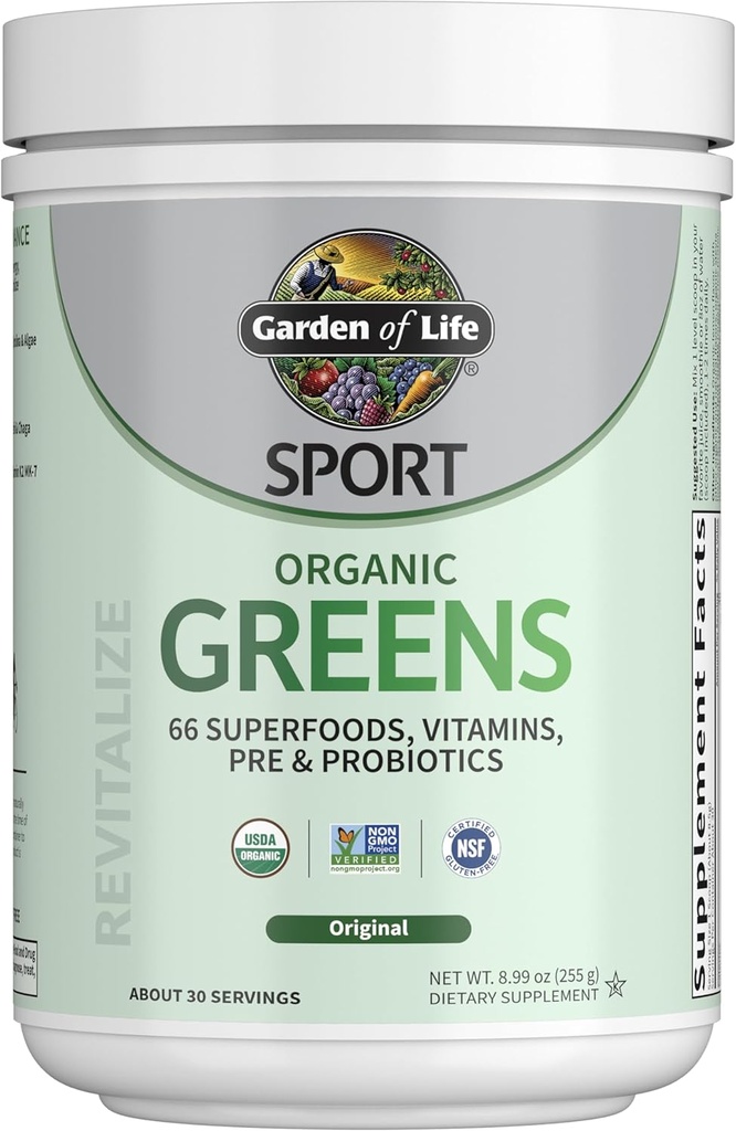 Jardin de la vie Sport Nutrition Verts et superaliments Poudre pour femmes et hommes - Non aromatisé, Mélange biologique - Spiruline, Fruits, Vitamines, Pré & Probiotiques, Champignons, Suppléments Athlétiques, 30 portions