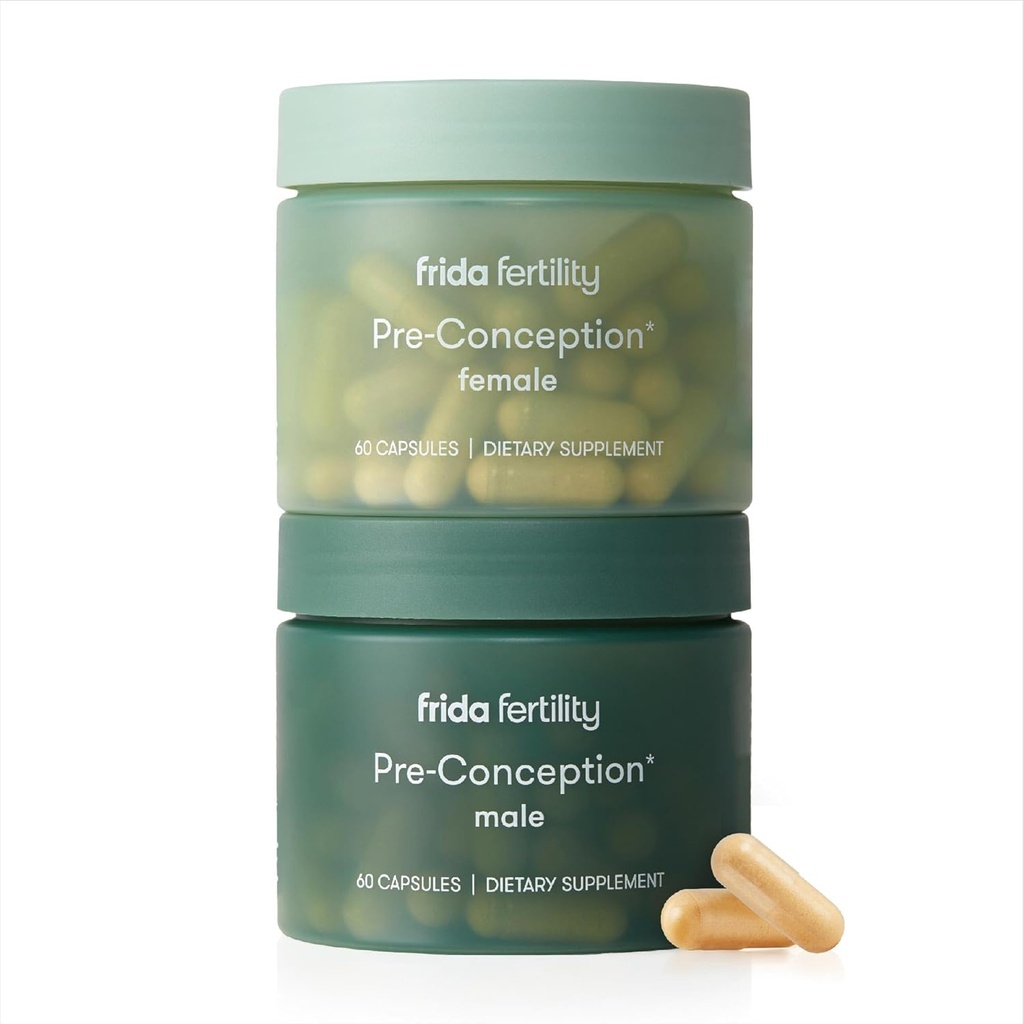 Frida Fertility Pre-Conception Supplement Set, His & Hers Vitamines et Minéraux quotidiens pour la fertilité, le soutien des oeufs et la santé du sperme, acide folique, Inositol, CoQ10, 60 capsules chacune, 30 jours d'approvisionnement