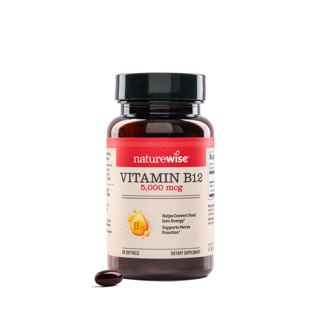 NatureWise Vitamine B12 5000 mcg - Extra Strength - Supplément pour soutenir les niveaux d'énergie, la clarté mentale, la santé du système nerveux - Facile à avaler, sans soja et sans gluten, sans OGM - 60 softgels
