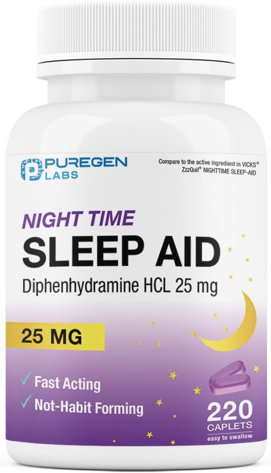 Puregen Labs Caplets d'aide au sommeil, Diphenhydramine HCl 25mg - 220 Count