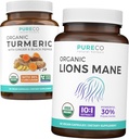 Turcuma & Lions Mane (1-Mois d'approvisionnement) Turcuma réfléchi de Curcumine Turcuma biologique avec poivre noir et gingembre (120 capsules) et lions biologiques Mane Champignon 10:1 Extrait (60 capsules)