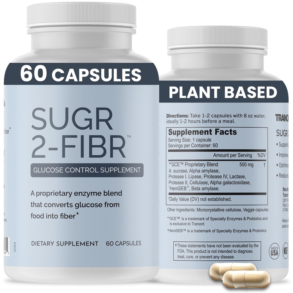 OPTIVIDA Sugr-2-Fibr - Supplément de soutien à la glycémie* (compte 60) - Soutien aux taux de sucre dans le sang* sains en appuyant le métabolisme du glucose en fibre* - Capsules sans gluten, sans OGM, sans légumes.