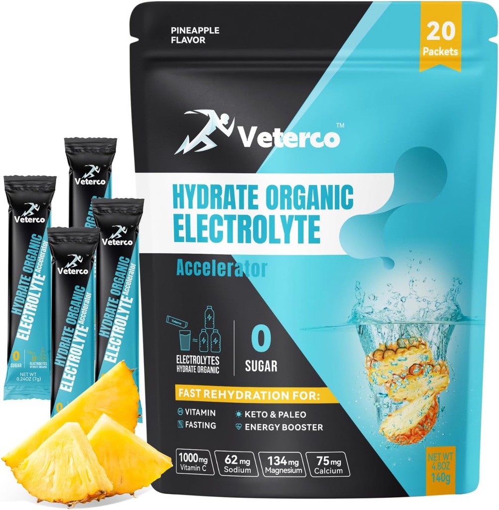 Hydratation Poudre d'électrolyte, boisson d'électrolyte, supplément d'hydratation Mélange de boisson, emballages d'hydratation avec vitamine et minéral, Keto amical, végétalien, non-OGM, pas de sucre, ananas Saveur (20 bâtons)