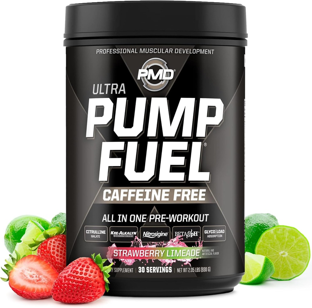 Pompe de sport PMD Carburant Ultra Sans caféine - Premium pré-entraînement pompe à poudre et musculaire, plus de concentration, d'endurance et de récupération, crème premium, arginine et bêta Alanine - fraise Limeade (30 portions)