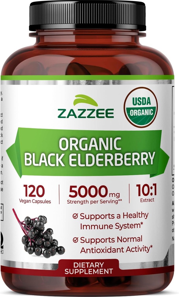 Zazzee USDA extrait de mûrier noir biologique 10:1, 5000 mg de force, 120 capsules végétaliennes, 2 mois d'approvisionnement, normalisé, concentré 10X extrait, 100% végétarien, tout naturel, non-OGM, fabriqué aux États-Unis