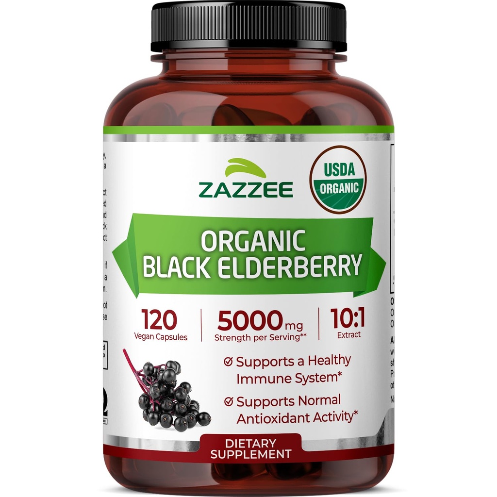 Zazzee USDA extrait de mûrier noir biologique 10:1, 5000 mg de force, 120 capsules végétaliennes, 2 mois d'approvisionnement, normalisé, concentré 10X extrait, 100% végétarien, tout naturel, non-OGM, fabriqué aux États-Unis