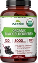 Zazzee USDA extrait de mûrier noir biologique 10:1, 5000 mg de force, 120 capsules végétaliennes, 2 mois d'approvisionnement, normalisé, concentré 10X extrait, 100% végétarien, tout naturel, non-OGM, fabriqué aux États-Unis