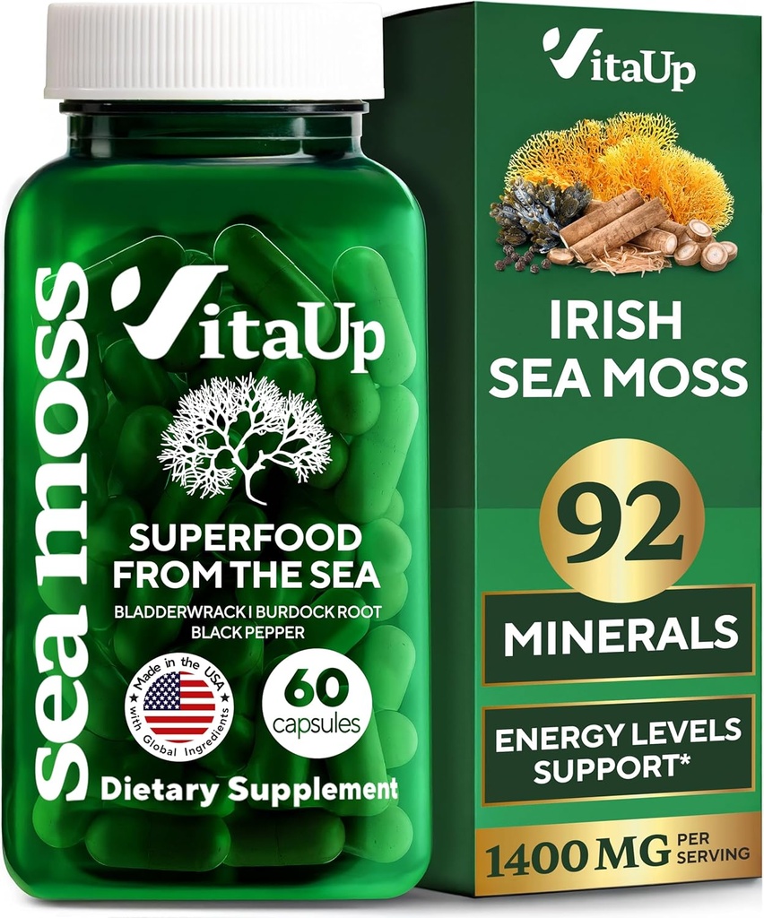 Wildcrafted Irish Sea Moss Capsules with Burdock Root & Bladderwrack - USA Made Sea Moss Advanced for Hair, Skin, Immune & Energy Levels Support - SeaMoss Pills - 60 Vegan Capsules