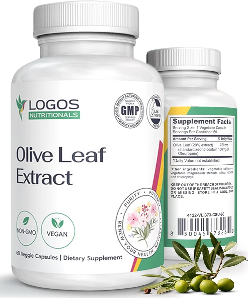 Capsules d'extrait de feuille d'olive - Supplément immunitaire pour hommes et femmes, polyphénol et flavonoïde pour le bien-être général - Capsules d'huile d'olive non OGM et végétalienne - 60 Compte