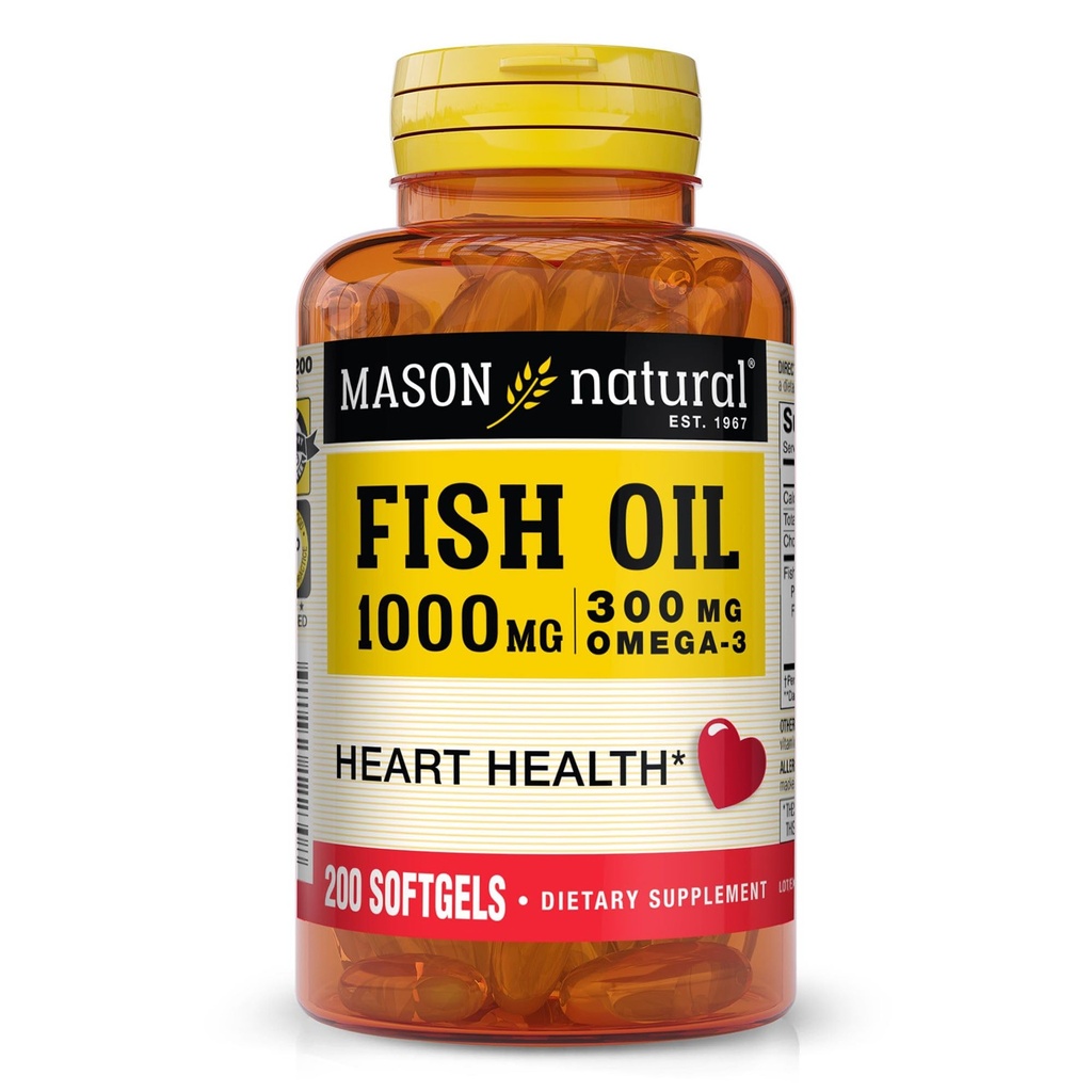 MASON NATURAL Omega,3 Huile de poisson, 200, jour d'approvisionnement, 1000mg avec EPA et DHA pour le soutien conjoint, pilules softgel