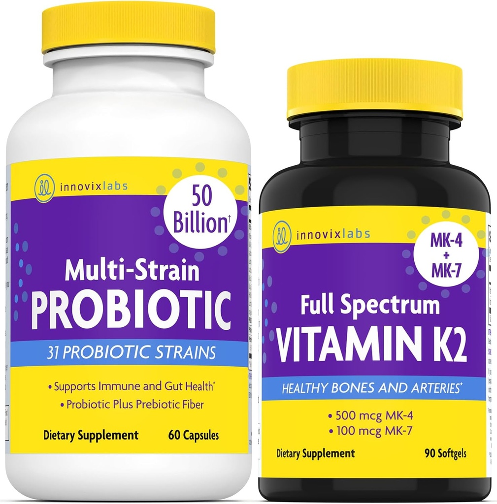 InnovixLabs Vitamine K2 & Probiotic Bundle Full Spectrum Vitamine K2 (90 Capsules Softgel) Probiotique multiforme (60 Capsules Time-Release). Soutient Bones, Immune et Gut sain. *
