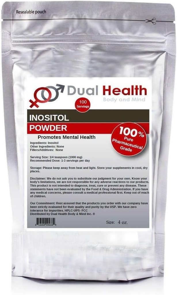 Dual Health Body & Mind Inositol Powder (4 oz) Pure Vitamin B8 Antioxidants Bulk Supplements 1000mg per Serving