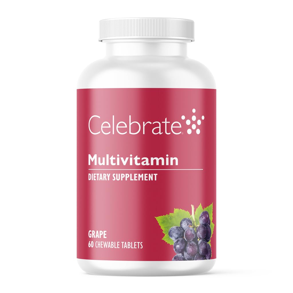 Célébrez les vitamines bariatriques multivitamines à croquer, sans fer - Supplément de gastrique et de gastrectomie post gastrique pour les hommes et les femmes - Minéraux essentiels et vitamine A, B, D et E - Raisin (60 comprimés)