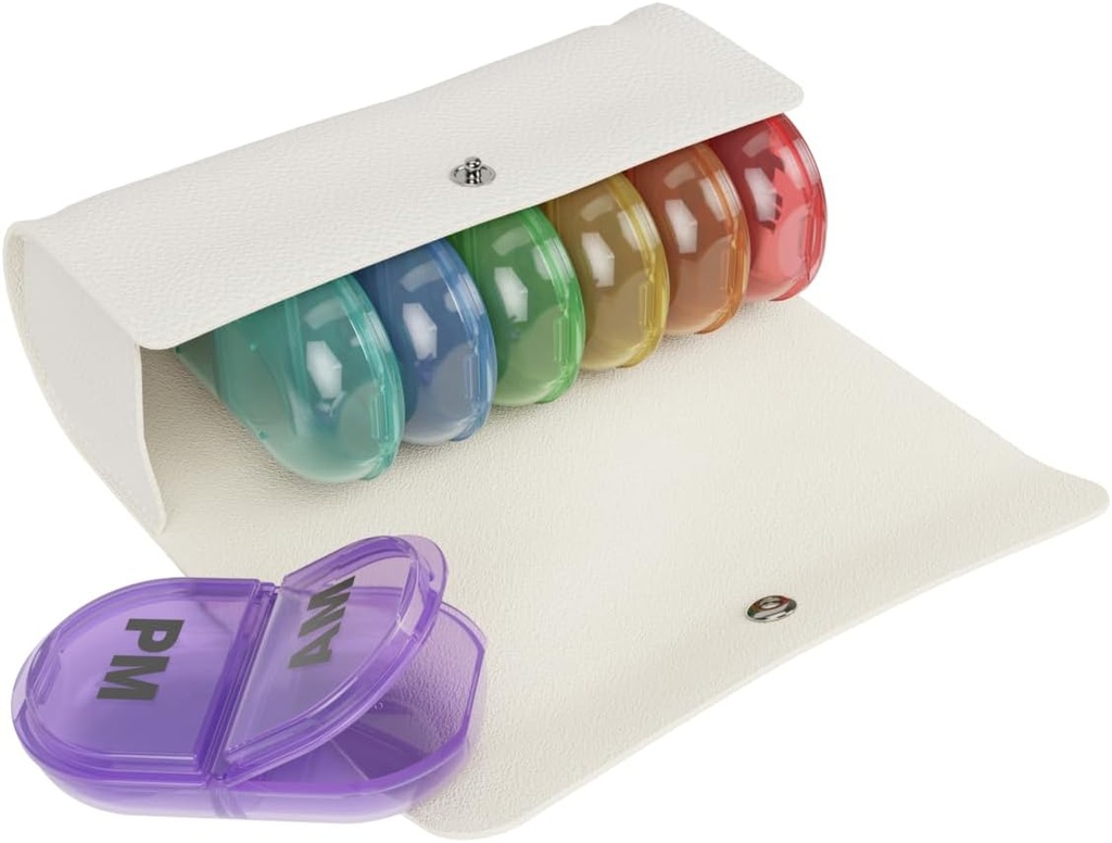 EZY DOSE Hebdomadaire (7 jours) Cas de pilules AM/PM, planificateur de médicaments, organisateur de vitamines, compartiments pop-out, 2 fois par jour, arc-en-ciel, comprend cas de crème, sans BPA