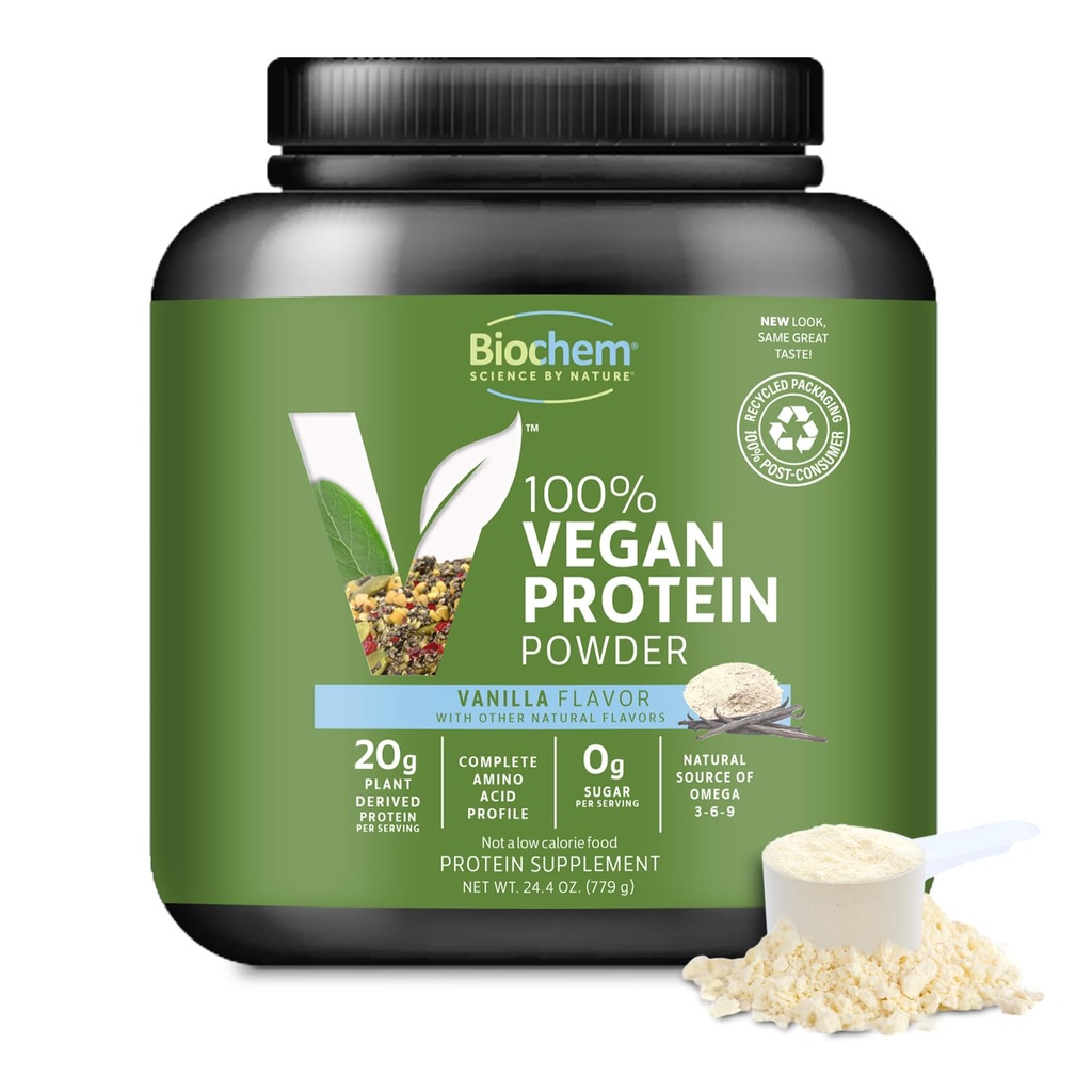 Biochem Poudre de protéines végétales, 20g Protéines végétales pures par portion, pois, chanvre et canneberges biologiques, sans soja, sans gluten, vanille, 1,5 lb