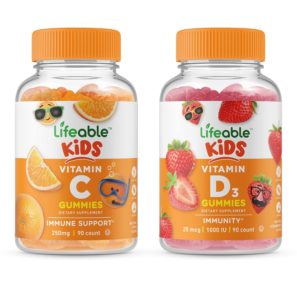 Vitamine D vivace pour enfants + Vitamine C pour enfants, Gummies Bundle - Grande dégustation, supplément de vitamine, sans gluten, sans OGM, Gummy à croquer