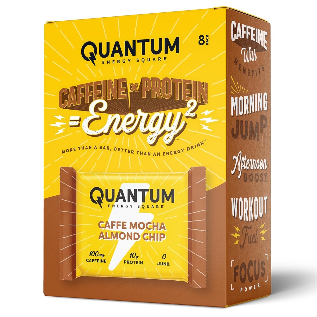 Quantum Energy Square: Barre d'énergie avec caféine et 10g de protéines. Delicious Healthy Snack On The Go. (Vegan, sans gluten, sans soja, sans lait) (Caffe Mocha Amand Chip)