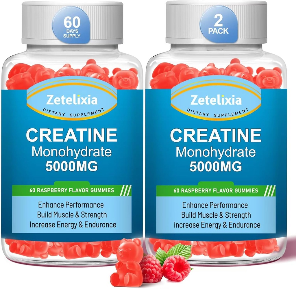 2 Packs Monohydrate de créatine Gommies, Monohydrate de créatine pour les hommes et les femmes, Formule améliorée avec BCAA, Vitamine B12, Taurine, Soutien musculaire, Boost énergétique, Sans sucre, Vegan, 120 Compte
