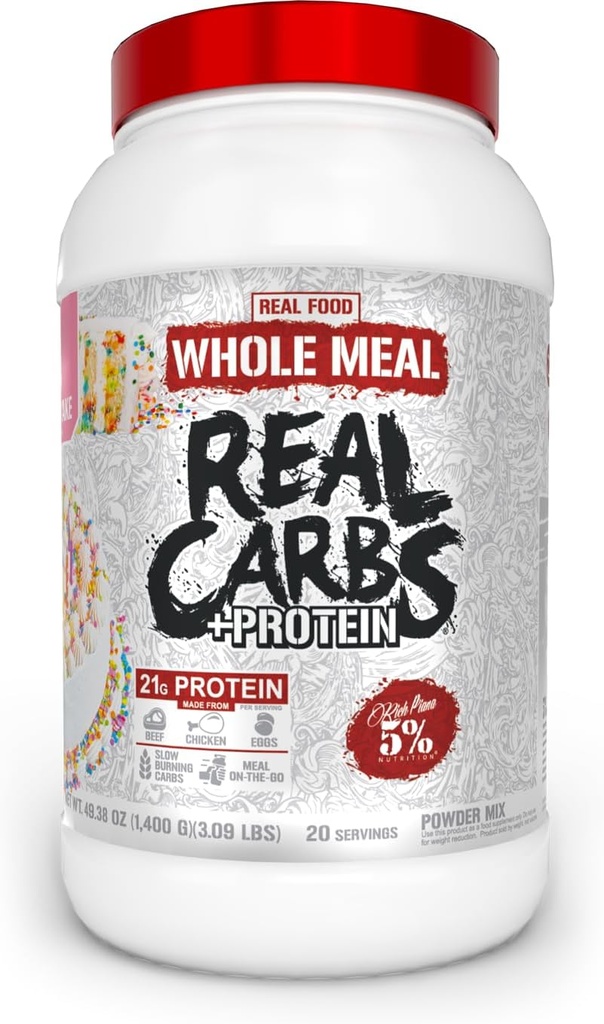 5% Nutrition Rich Piana Real Carbs + Protein | Clean Mass Gainer Meal Replacement Protein Powder | Carbohydrate for Pre Workout/Post-Workout Recovery Meal | 3 lb, 20 Srvgs (Birthday Cake + Protein)