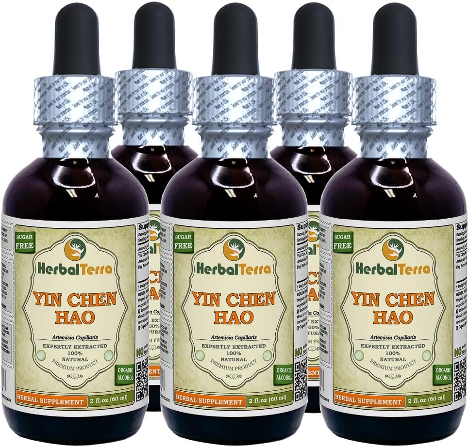 Yin Chen Hao (Artemisia Capillaris) Teinture, Extrait liquide d'herbe séchée biologique (Marque: HerbalTerra, Fièrement fabriqué aux États-Unis) 5x2 fl.oz (5x60 ml)