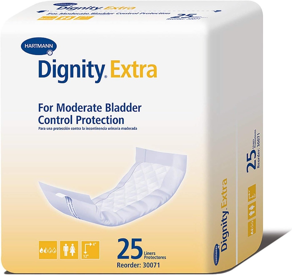 Dignité Liner d'incontinence supplémentaire pour les hommes et les femmes - Plaquettes de fuite Bladder, Absorbance modérée - Taille unique convient le plus, 4 po x 12 po, 25 comte, 1 paquet