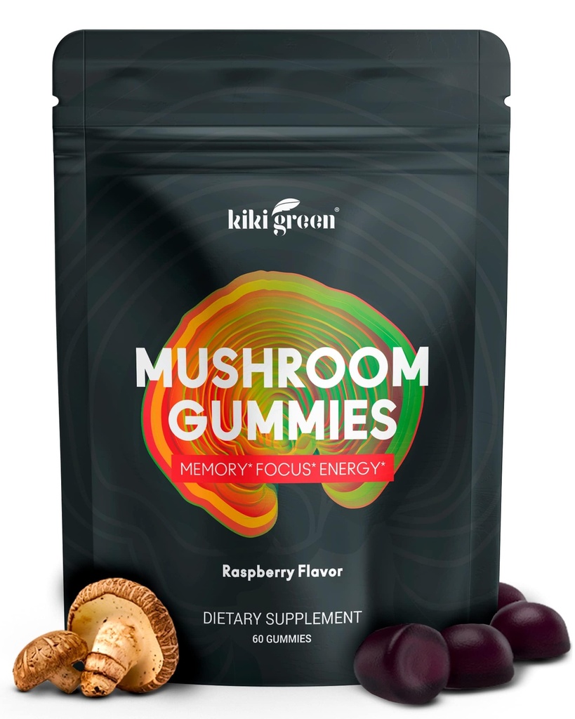 Gommies de champignons verts KIKI avec la Mane du Lion et 9 superaliments adaptogènes mélange - Chaga, Red Reishi, Cordyceps, Shiitake, Black Fongus.