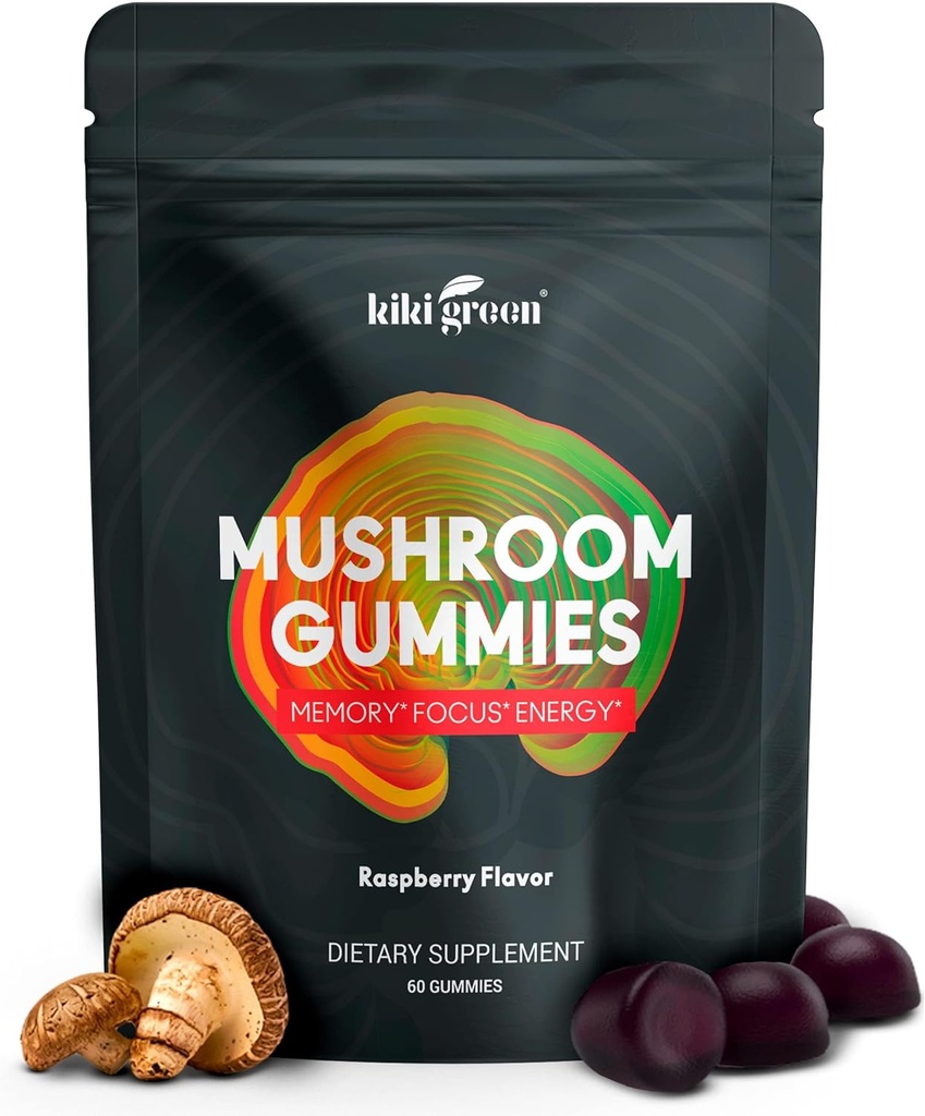 KIKI Green Mushroom Gummies with Lion's Mane and 9 Adaptogen Superfoods Blend - Chaga, Red Reishi, Cordyceps, Shiitake, Black Fungus | 60 Count, 10:1 Extract