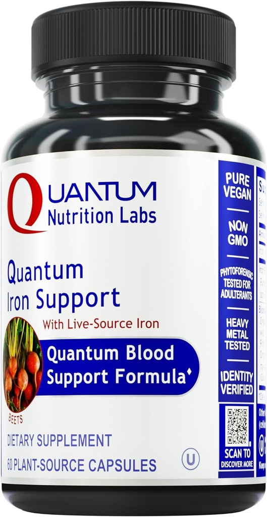Quantum Nutrition Labs Iron Support - Supplément en fer pour les femmes et les hommes, Suppléments en fer végétalien, Fer doux à faible dose, naturellement pour soutenir le sang sain - 60 Capsules végétariennes