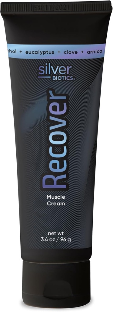 Silver Biotics Recover Muscle Cream | 20 ppm Patented Silver Solution | Arnica | Jojoba Oil | Camphor | Vitamin E | Silver Strong|3.4oz