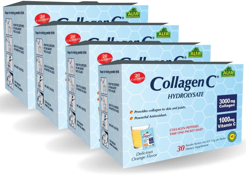 ALFA VITAMINS Collagène C Peptides Supplément en poudre hydrolysate, vitamine C 1000mg, collagène hydrolysé sans gluten pour la peau, les cheveux, les ongles, le soutien des articulations et des os, antioxydant, 30 sachets par boîte, 4 paquets