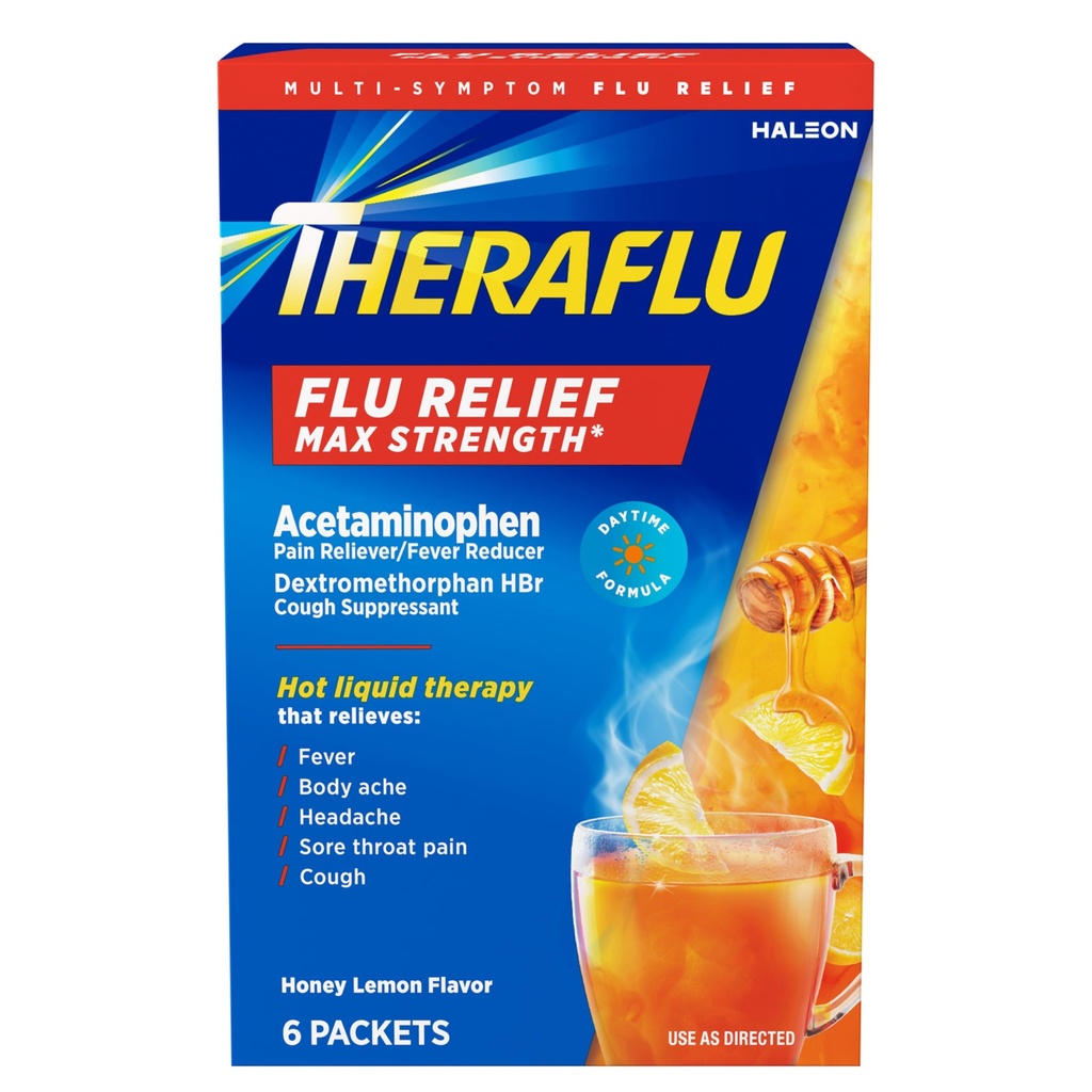 Théraflu Max Strength Médicament contre la grippe diurne pour le soulagement des symptômes de la grippe avec l'acétaminophène et le dextrométhorphane HBr, Aromatisé au citron au miel - 6 emballages en poudre