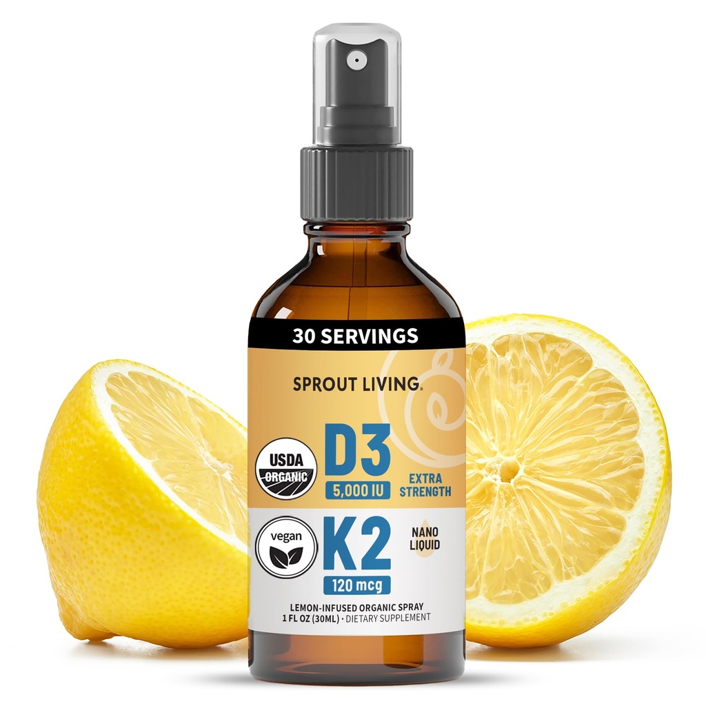 Vitamine biologique D3 5000 UI (Lichen) + K2 120 mcg (Pois chiche fermenté), Immune, os et santé cardiaque avec absorption de calcium.