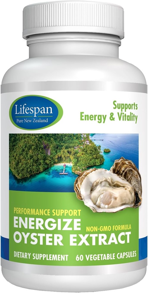 Energize Oyster Extract Supplement for Men & Women - Zinc, Taurine, Amino Acides - Supporte l'énergie et le bien-être, fabriqués aux États-Unis, 500 mg, 60 capsules végétales.