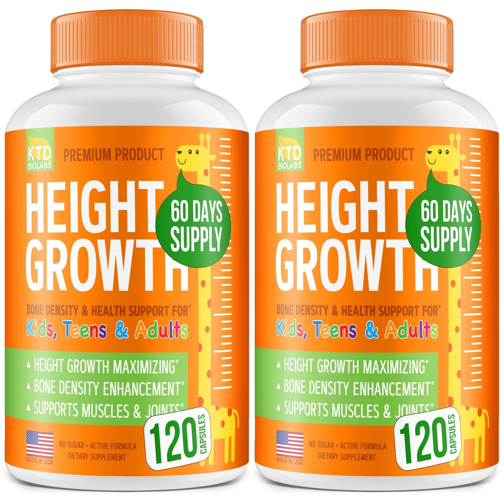 Pack of 2 Height Growth Maximizer - Fabriqué aux États-Unis - Natural Height Augment Booster & Teen Vitamines - Pills to Grow Taller at Any Age - Bone Growth Supplement for Adults & Kids - 120 capsules
