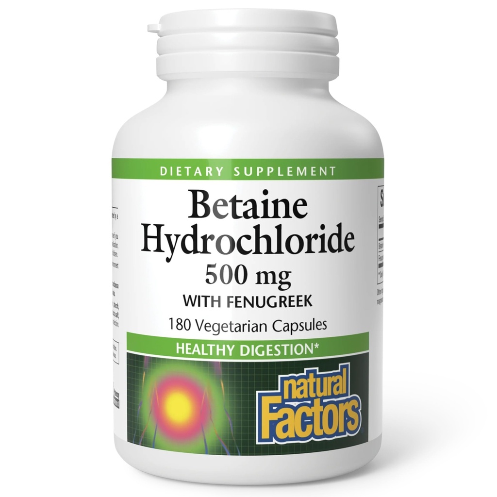 Facteurs naturels, bêtaine HCL 500 mg, soutient la digestion saine et un microbiome sain, 180 capsules (180 portions)