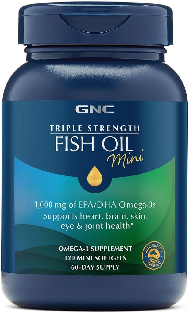 GNC Triple Strength Fish Oil Mini Omega 3 Supplement, 1000mg EPA and DHA, Supports Heart, Brain, Skin, Eye and Joint Health, 120 Mini Softgels