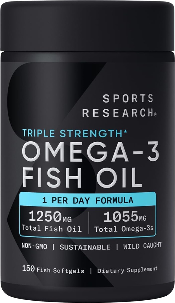 Recherche sportive Triple force Omega 3 Huile de poisson - Supplément d'huile de poisson sans Burpless w/EPA & DHA Acides gras de poissons capturés sauvages - Soutien du coeur, du cerveau et de l'immunité pour les hommes et les femmes - 1250 mg, 150 ct