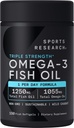 Recherche sportive Triple force Omega 3 Huile de poisson - Supplément d'huile de poisson sans Burpless w/EPA & DHA Acides gras de poissons capturés sauvages - Soutien du coeur, du cerveau et de l'immunité pour les hommes et les femmes - 1250 mg, 150 ct