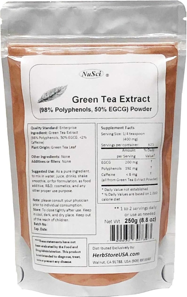Extrait de thé vert en vrac en poudre normalisée 98% de polyphénols et 50% d'OGG sans OGM non irradiés (250 grammes (8,8 oz))