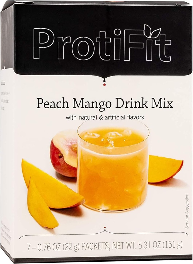 PROTIFIT - Mélange de poudre de fruits à haute teneur en protéines, 15g de protéines, faible teneur en calories, sans sucre, compatible avec les protéines idéales, 7 portions par boîte (mangue de pêche)